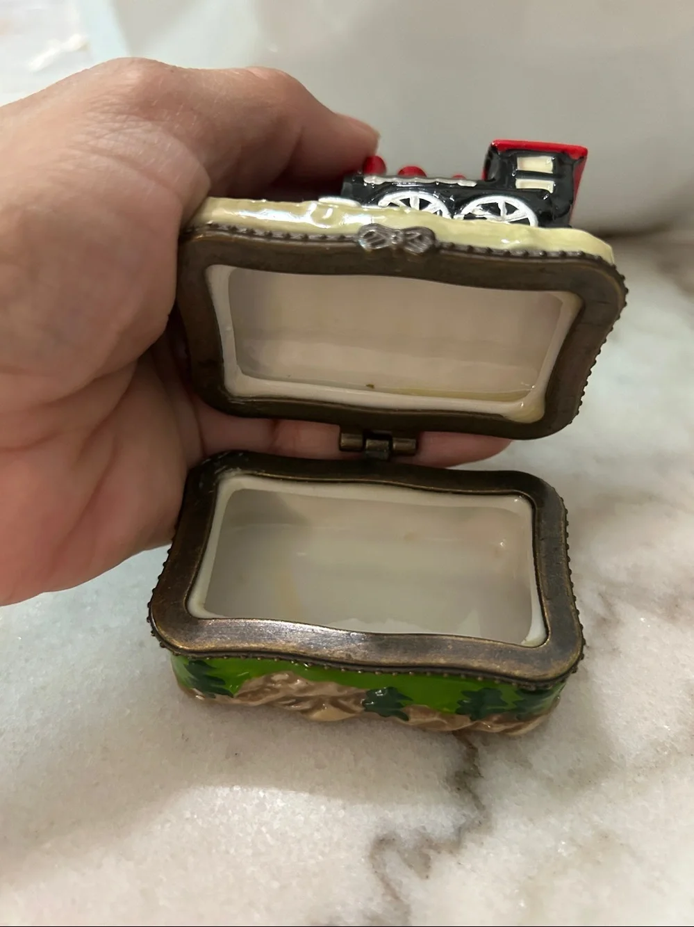 Vintage Hand Painted Porcelain Railway Steam Engine Hinged Trinket Box Train